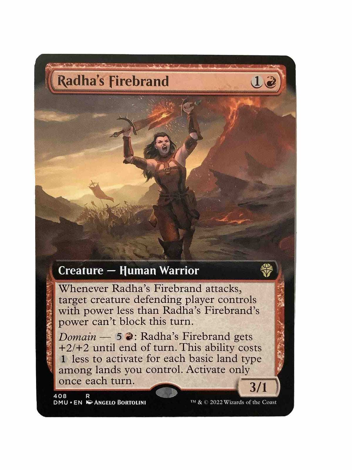Radha's Firebrand EA DMU 408 MTG card. Extended Art rare from Dominaria United.