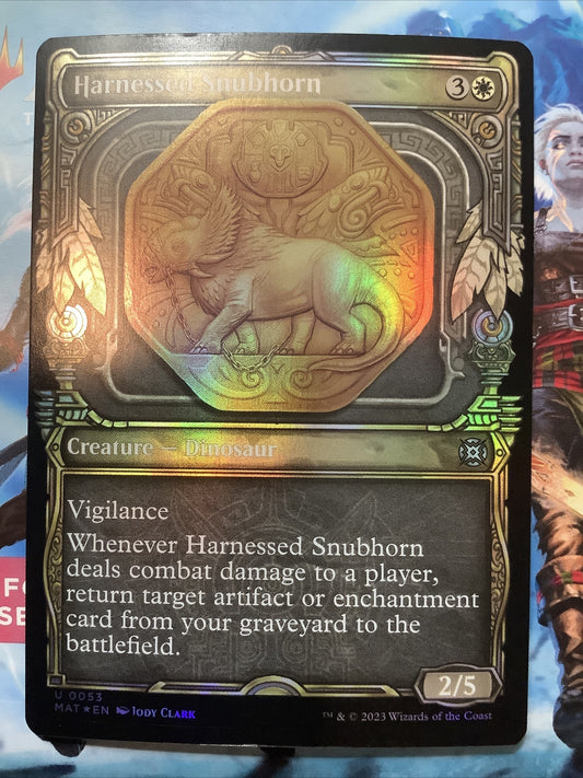 Harnessed Snubhorn Showcase Foil MAT 053 MTG recursion dinosaur card by DM Vault Co
