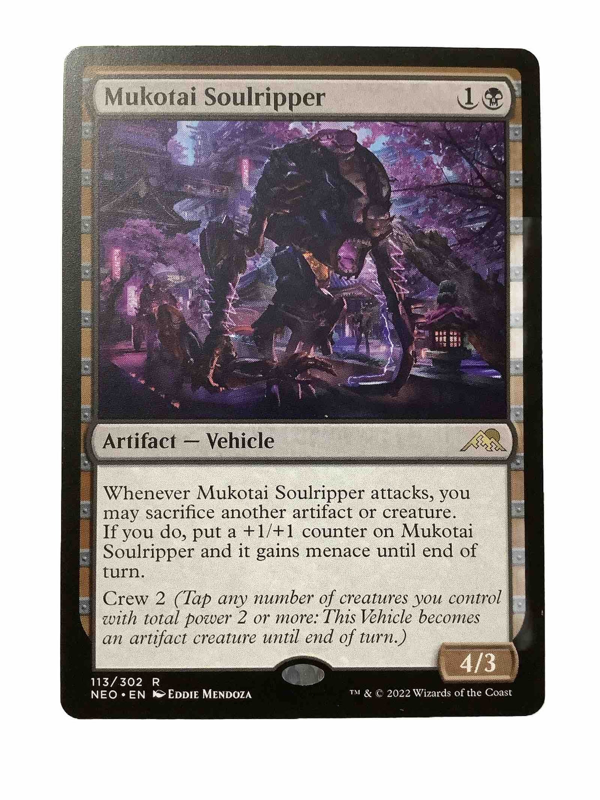 Mukotai Soulripper NEO 113 regular finish MTG Vehicle from Kamigawa Neon Dynasty featuring sacrifice synergy, menace, and scalable combat power.