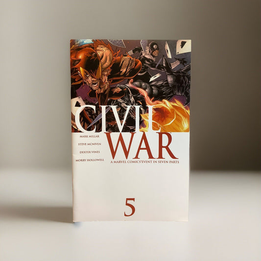 Cover of Civil War #5 Marvel Comics featuring Wolverine, Black Panther, and heroes in battle during the Civil War event.