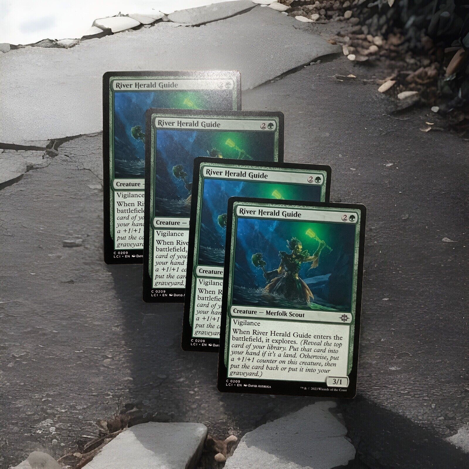 River Herald Guide MTG card (The Lost Caverns of Ixalan LCI 0209), green Merfolk Scout with vigilance and explore.
