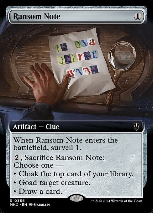 Magic: The Gathering card Ransom Note, Extended Art, MKC #356, Rare Artifact Clue.


