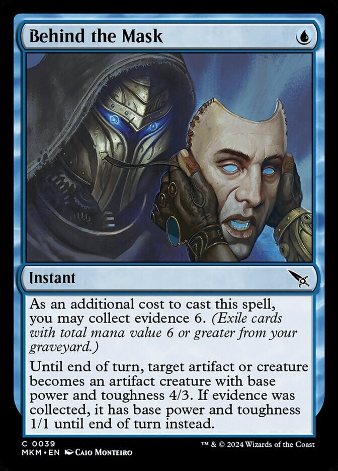 Magic: The Gathering Behind the Mask foil instant card from Murders at Karlov Manor featuring masked figure artwork