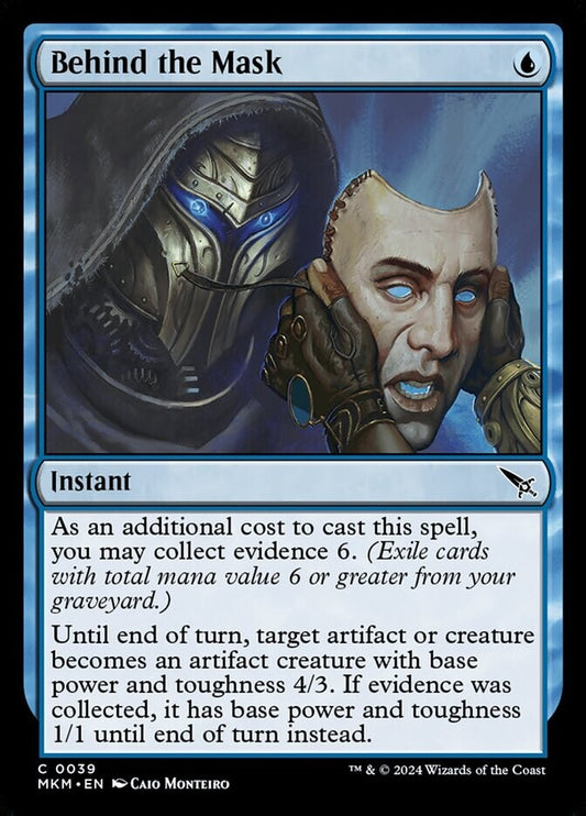Magic: The Gathering Behind the Mask foil instant card from Murders at Karlov Manor featuring masked figure artwork
