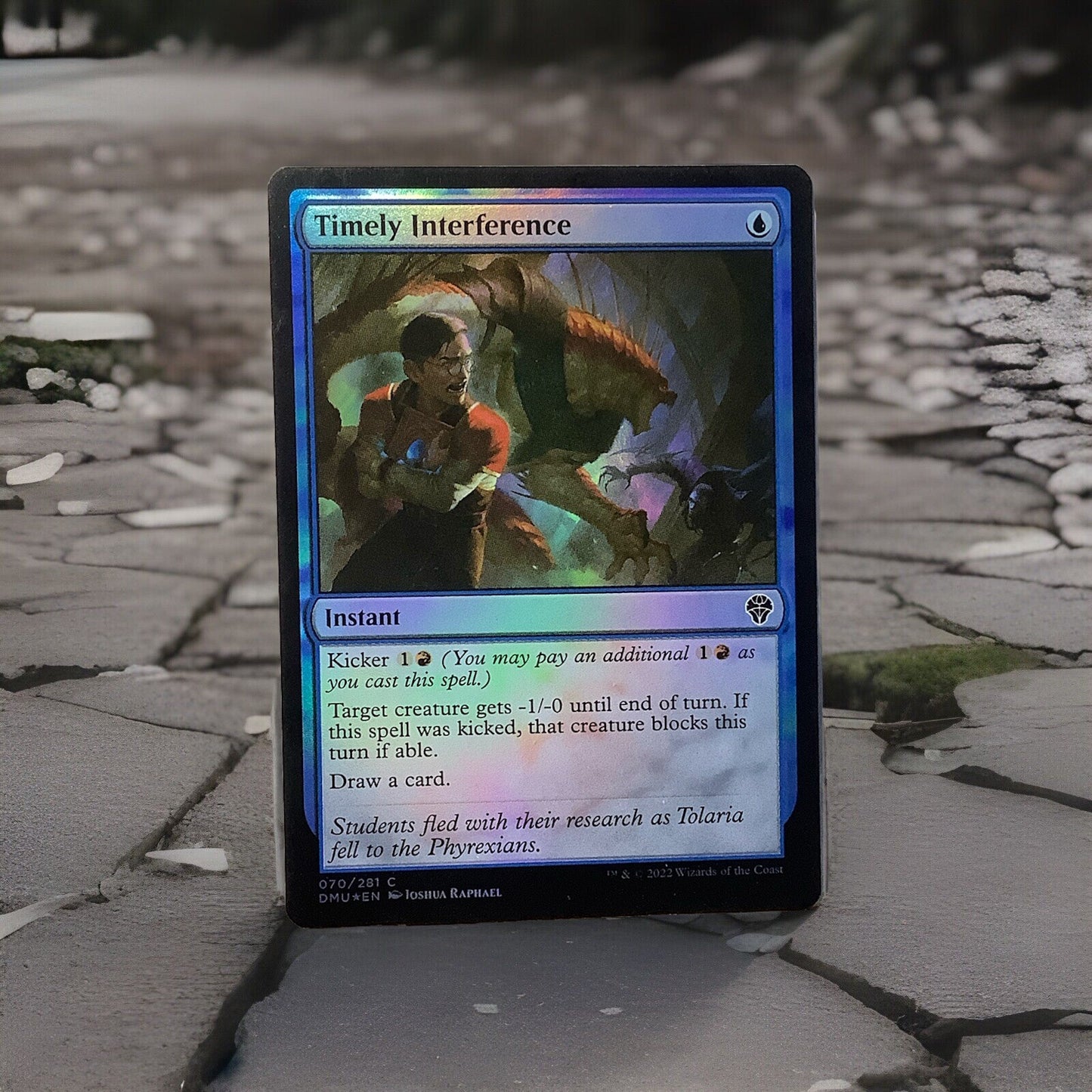 Magic the Gathering Timely Interference foil instant card from Dominaria United featuring student fleeing Phyrexian threat artwork