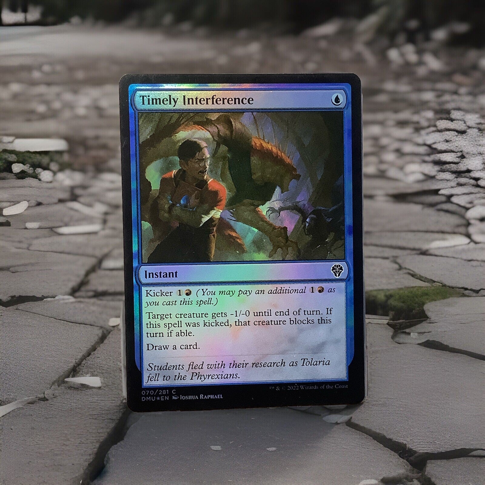 Magic the Gathering Timely Interference foil instant card from Dominaria United featuring student fleeing Phyrexian threat artwork
