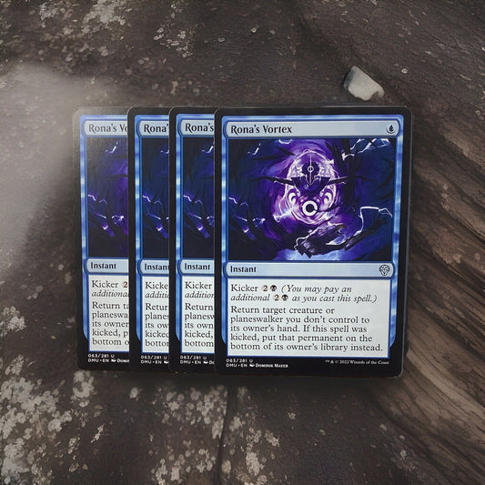 Rona’s Vortex uncommon instant card lot of four from Dominaria United Magic the Gathering set displayed on a stone surface