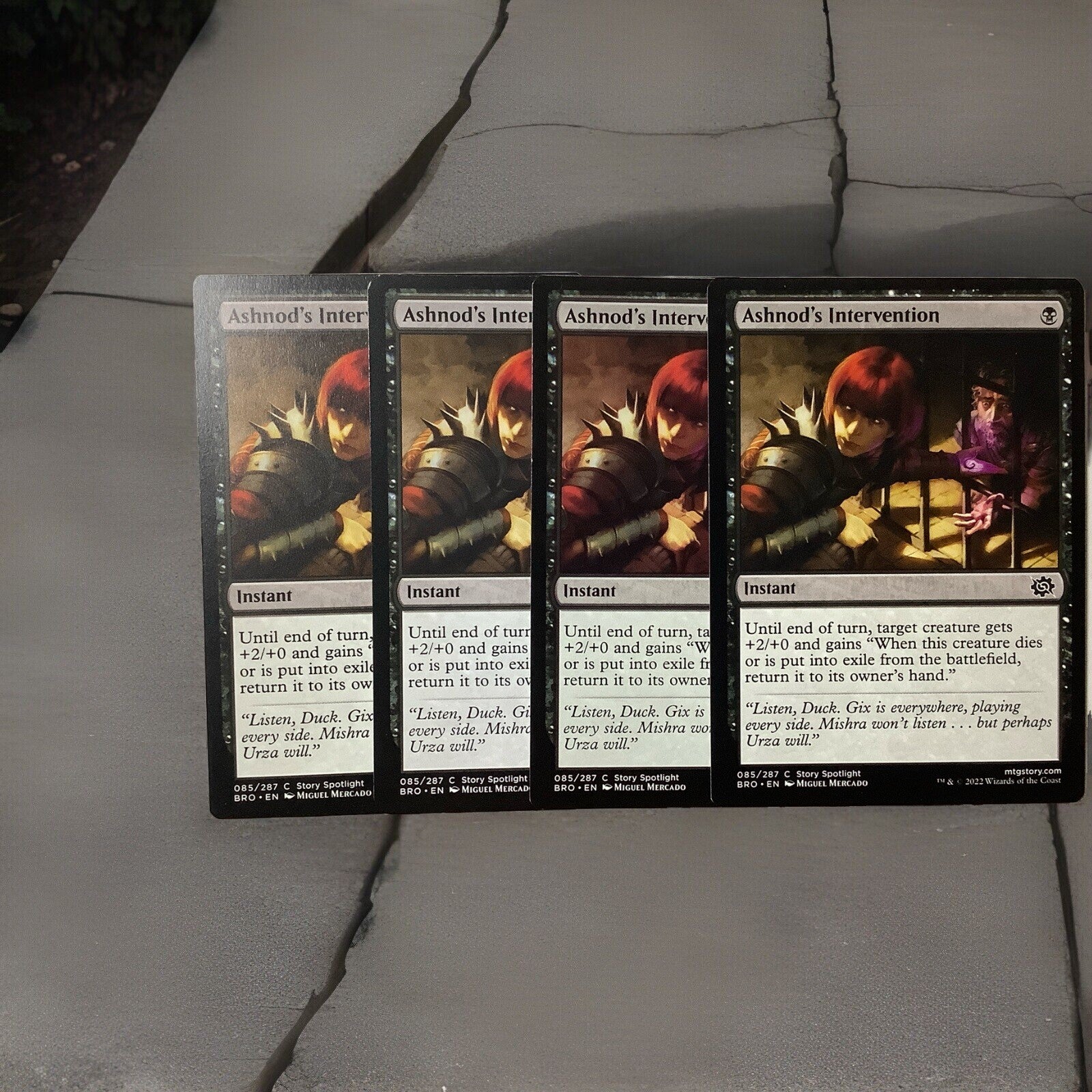 Four copies of Ashnod’s Intervention instant card from MTG The Brothers’ War