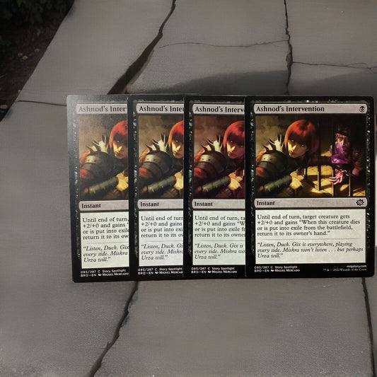 Four copies of Ashnod’s Intervention instant card from MTG The Brothers’ War