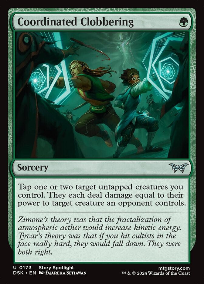 Coordinated Clobbering DSK 173 from Duskmourn. MTG green fight spell card available from DM Vault Co.