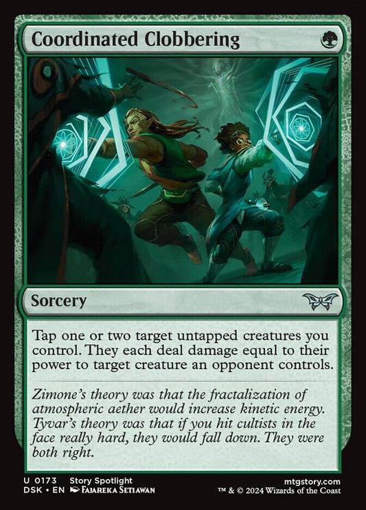 Coordinated Clobbering DSK 173 from Duskmourn. MTG green fight spell card available from DM Vault Co.