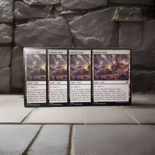 Four Volatile Fault MTG land cards (LCI 286) from The Lost Caverns of Ixalan
