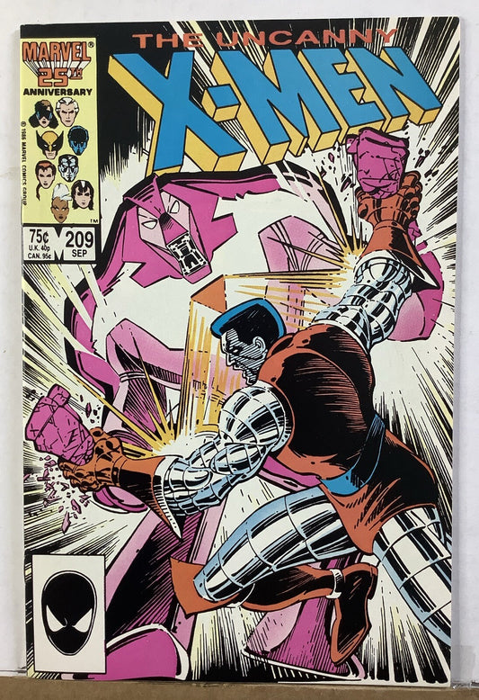Uncanny X-Men #209 comic book cover featuring Colossus smashing Nimrod (1986 Direct Edition).
