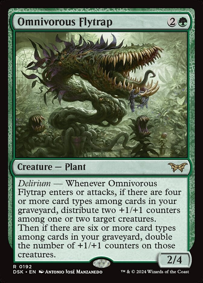 Omnivorous Flytrap DSK 192 MTG delirium plant creature card by DM Vault Co