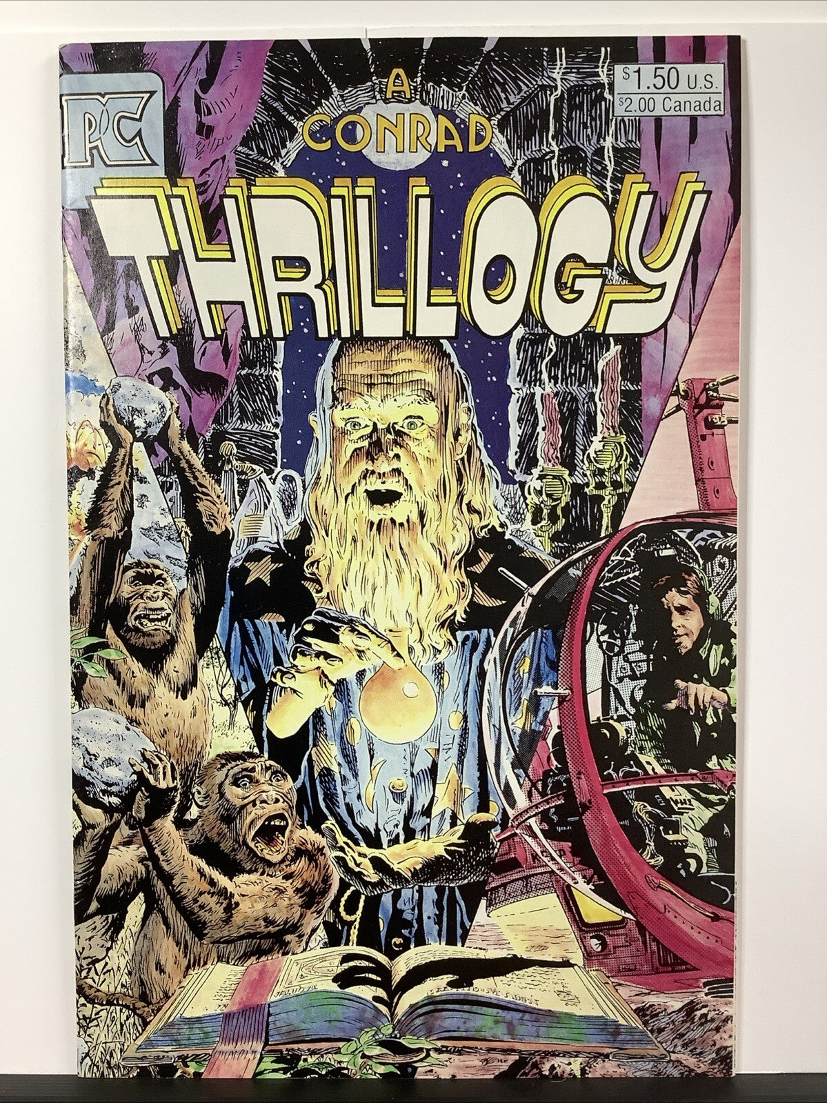 A Conrad Thrillogy #1 (1984) comic cover with wizard, apes, machinery, and fantasy imagery
