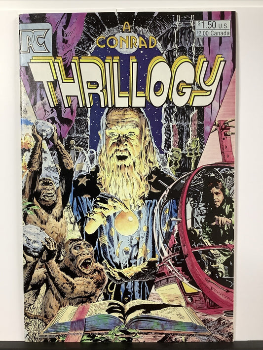 A Conrad Thrillogy #1 (1984) comic cover with wizard, apes, machinery, and fantasy imagery
