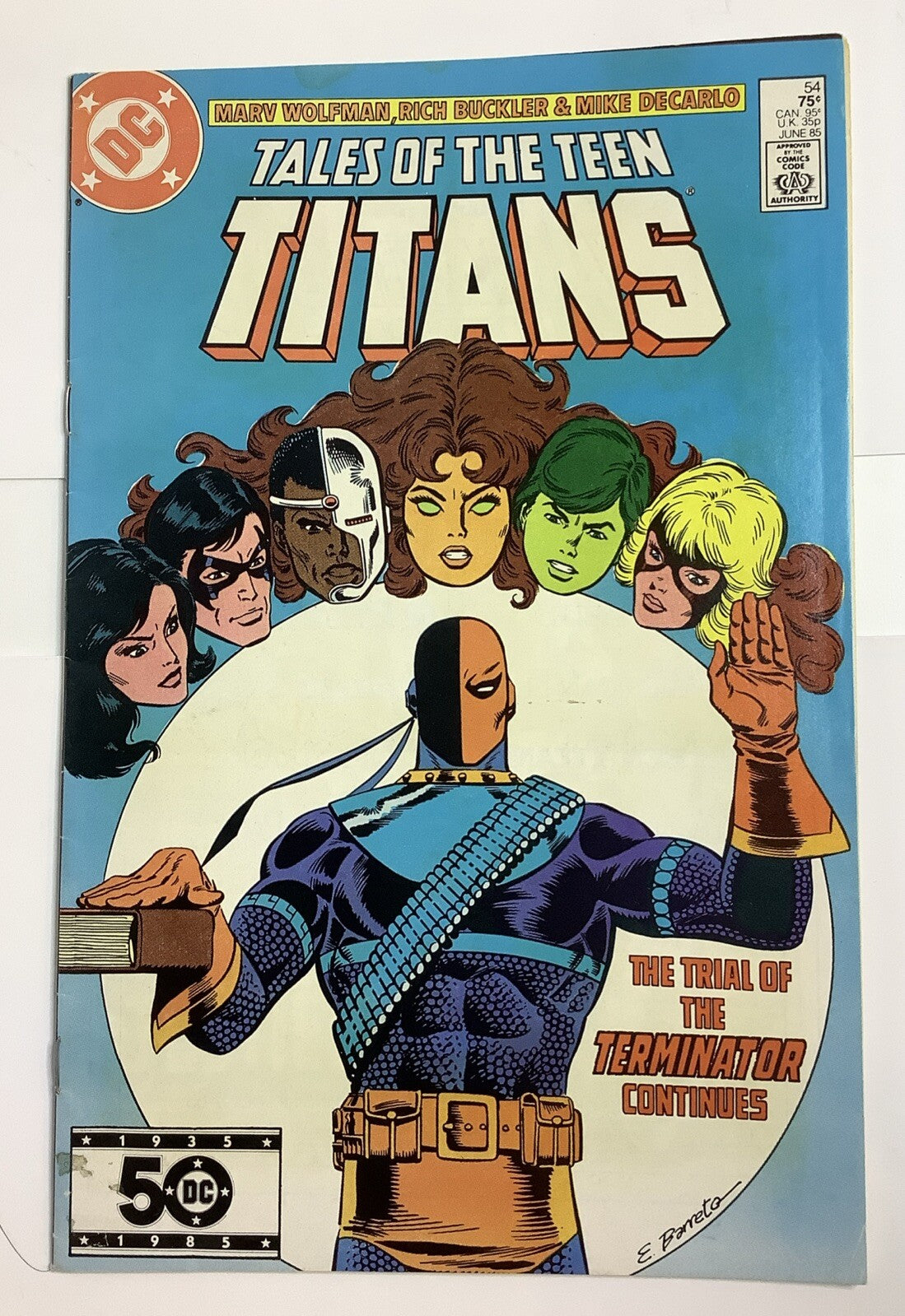Tales of the Teen Titans #54 (1985) DC Comics comic book cover featuring Deathstroke and the Teen Titans.
