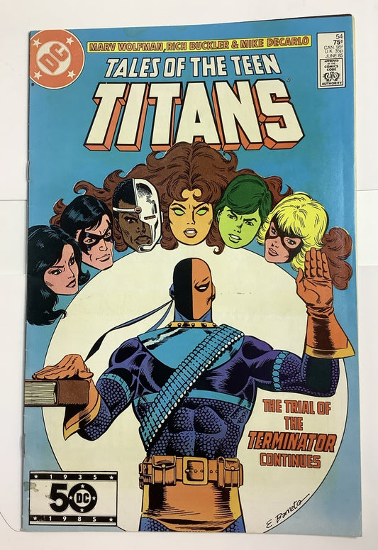 Tales of the Teen Titans #54 (1985) DC Comics comic book cover featuring Deathstroke and the Teen Titans.
