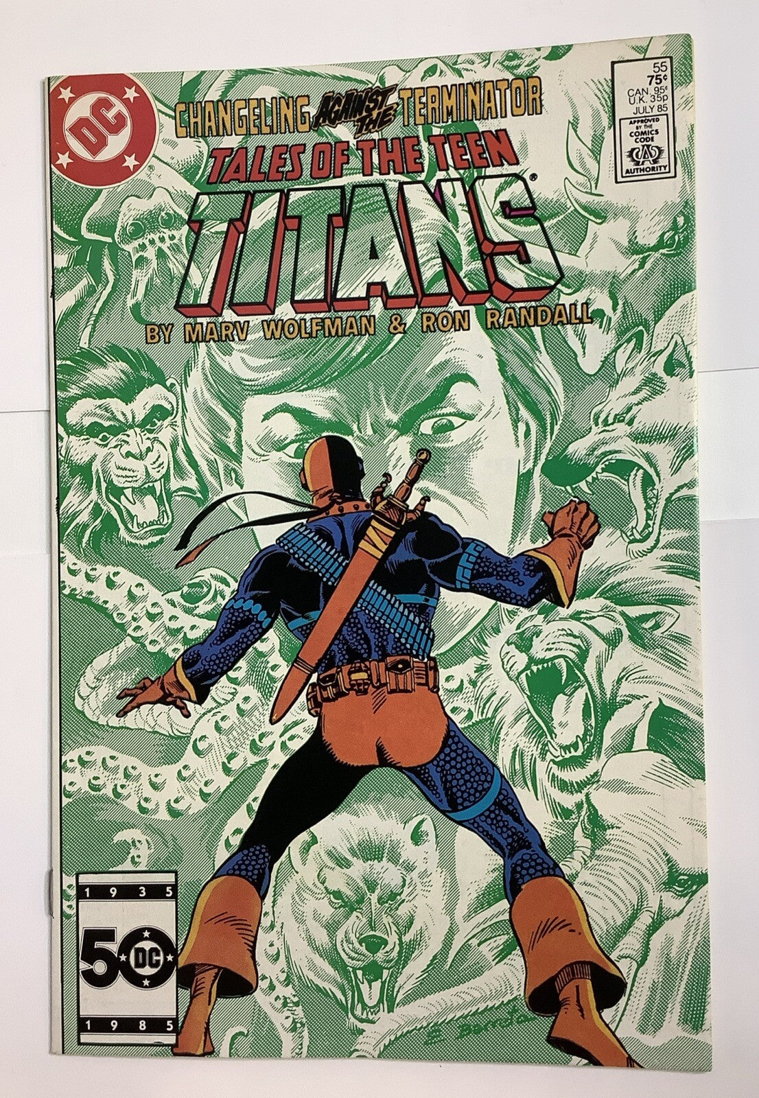 Tales of the Teen Titans #55 comic book cover with Deathstroke and Changeling (DC Comics 1985 Direct Edition)
