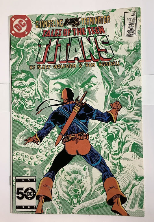 Tales of the Teen Titans #55 comic book cover with Deathstroke and Changeling (DC Comics 1985 Direct Edition)

