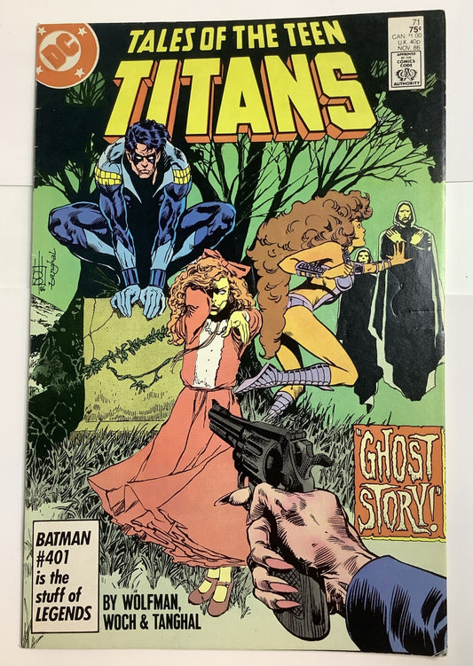 Tales of the Teen Titans #71 cover with Nightwing, Starfire, and a ghostly figure over a woman held at gunpoint
