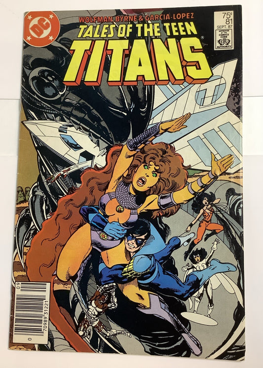 Tales of the Teen Titans #81 cover with Nightwing and Starfire battling a huge mechanical foe
