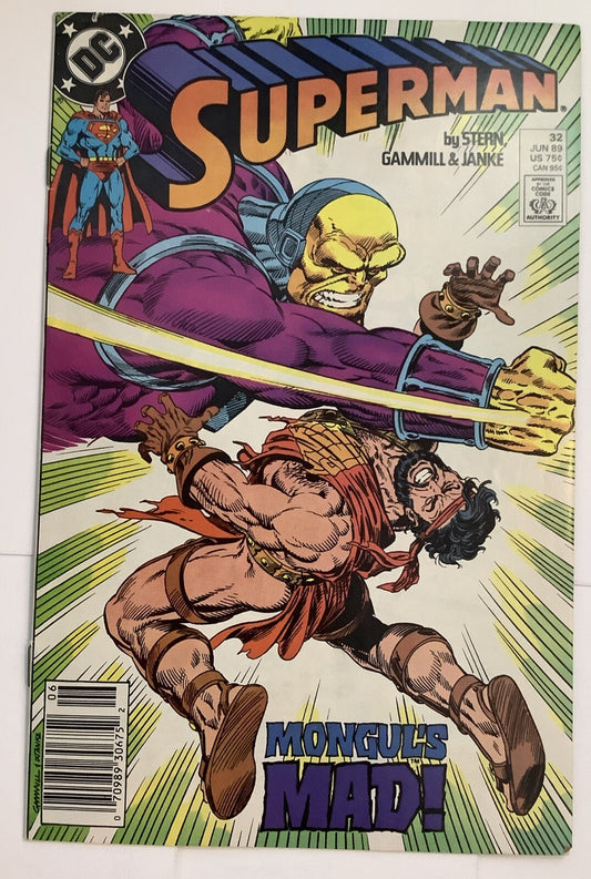 Superman #32 — DC Comics — June 1989 — Mongul’s Mad battle cover — Direct Edition
