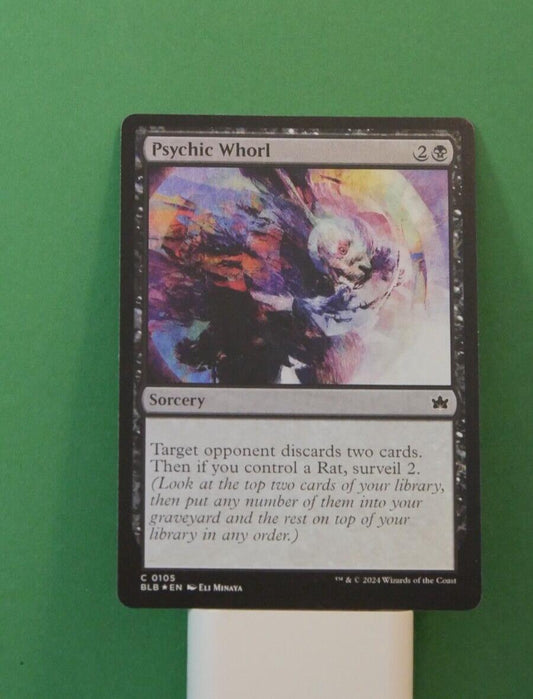 Bloomburrow Psychic Whorl #105 foil featuring hand disruption, surveil value, and Rat tribal synergies.