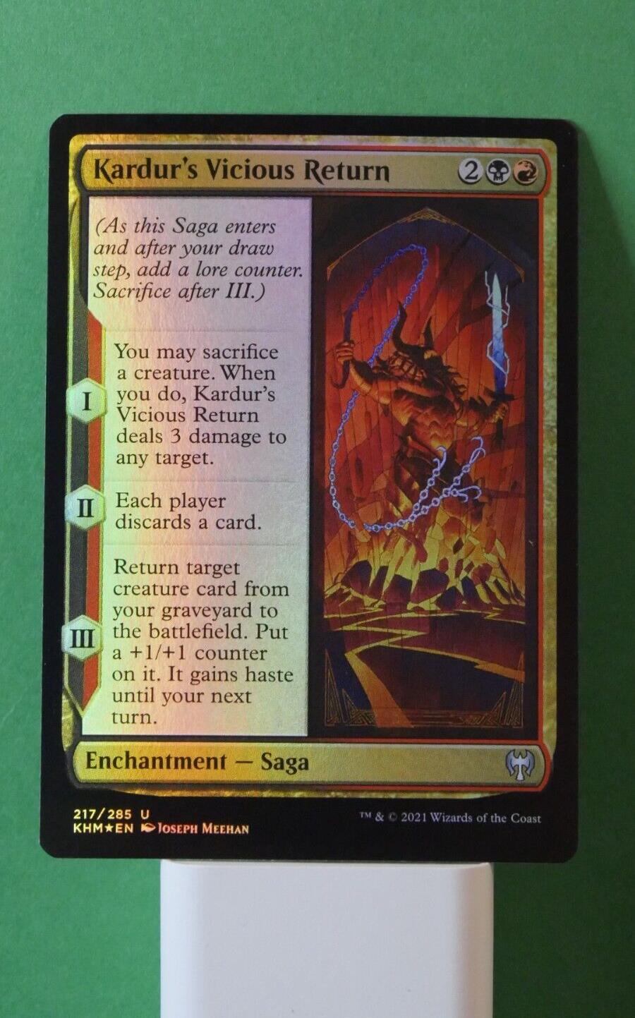 Kardur's Vicious Return KHM 217 foil Magic the Gathering Saga enchantment card with sacrifice and reanimation effects.