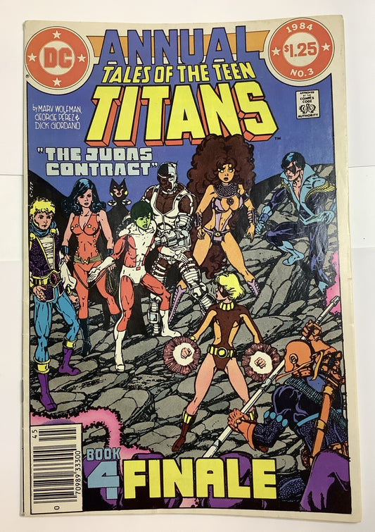 Tales of the Teen Titans Annual #3 cover with the full Titans team facing Deathstroke for The Judas Contract finale
