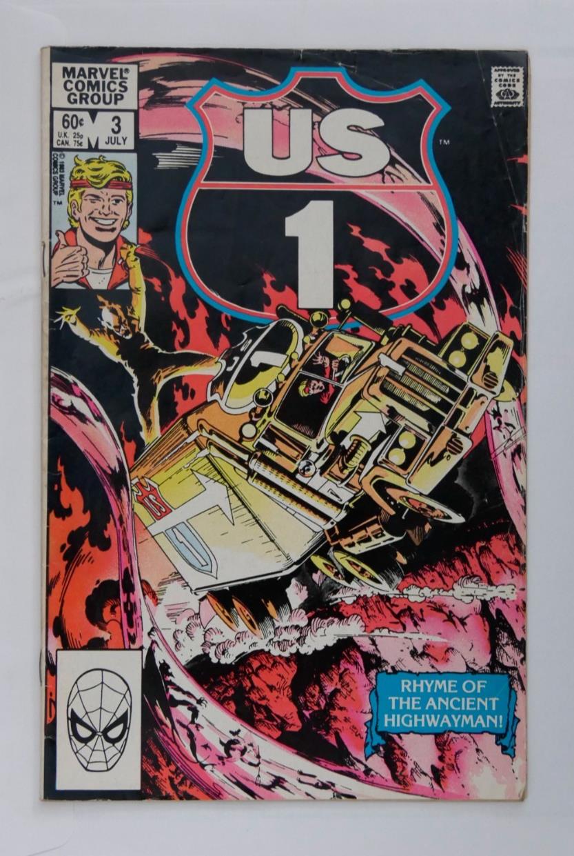 U.S. 1 issue 3 Marvel Comics cover featuring a truck bursting through flames with U.S. 1 shield logo.