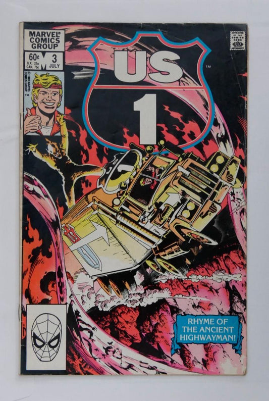 U.S. 1 issue 3 Marvel Comics cover featuring a truck bursting through flames with U.S. 1 shield logo.