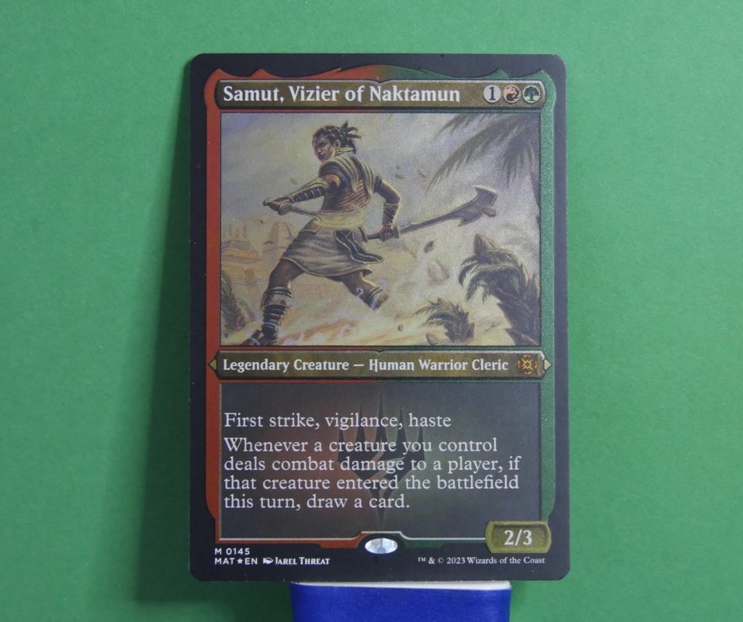 Samut, Vizier of Naktamun Etched Foil MTG card from March of the Machine: The Aftermath, Legendary Creature Human Warrior Cleric 145.

