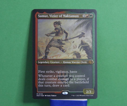 Samut, Vizier of Naktamun Etched Foil MTG card from March of the Machine: The Aftermath, Legendary Creature Human Warrior Cleric 145.
