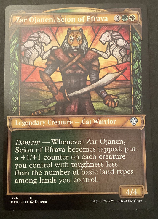 Magic: The Gathering Showcase card Zar Ojanen, Scion of Efrava (DMU 326), a Legendary Creature — Cat Warrior.
