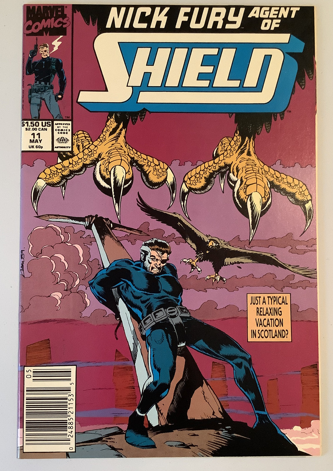 Cover of Nick Fury Agent of SHIELD #11 Marvel Comics 1990 featuring Nick Fury battling giant eagle claws in Scotland.