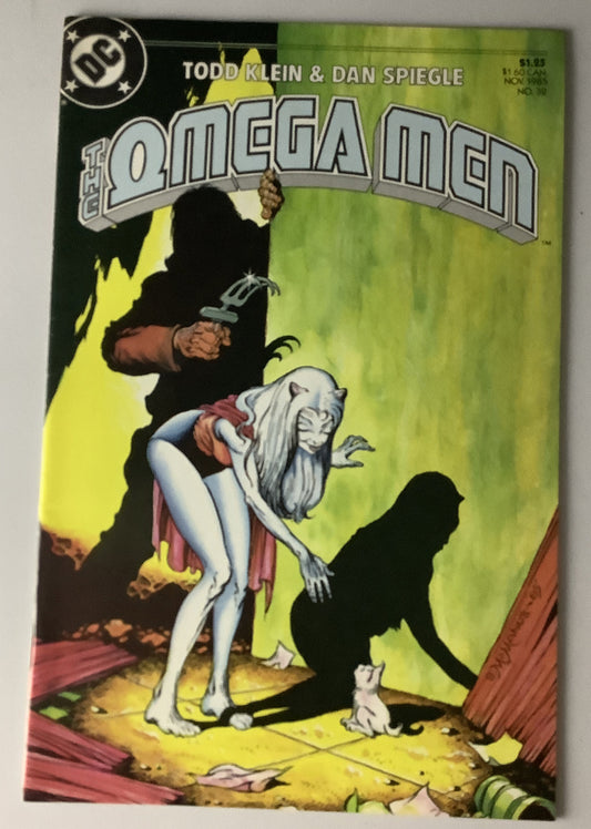 Cover of Omega Men #32 DC Comics featuring Felicity and a shadowy attacker in a dark sci-fi setting.