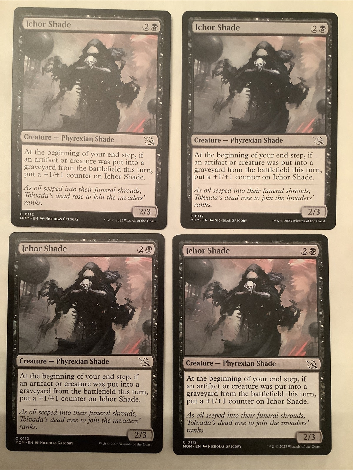 Ichor Shade MOM 0112 regular finish MTG creature card, playset of four copies displayed.