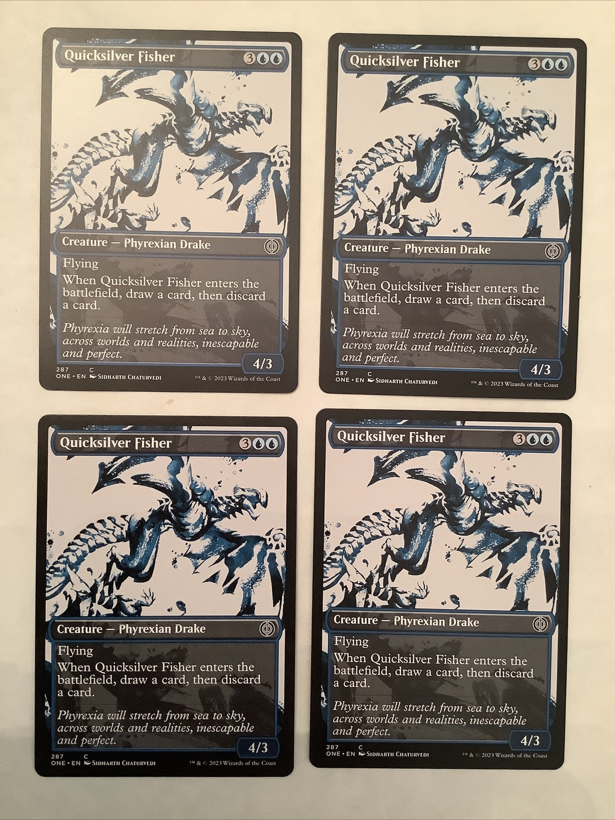 Quicksilver Fisher ONE 0287 showcase Magic the Gathering Phyrexian Drake playset of four.