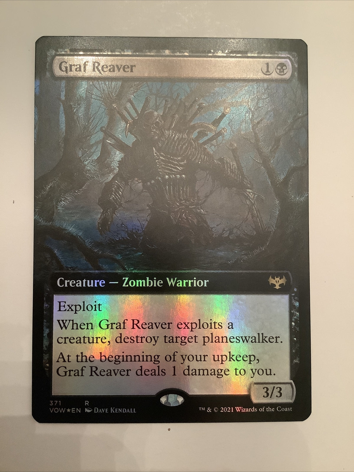 Graf Reaver VOW 371 Foil Extended Art MTG rare Zombie Warrior with Exploit sacrifice mechanic and planeswalker removal.