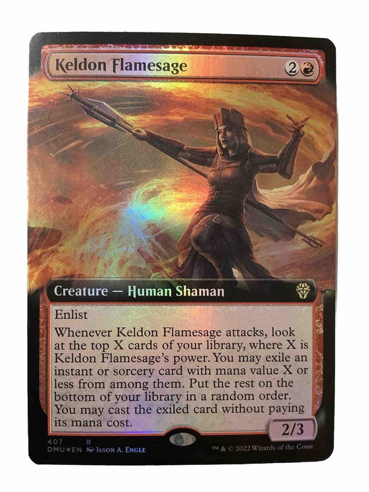 Extended Art foil Keldon Flamesage card from DMU, card number 407, rare creature
