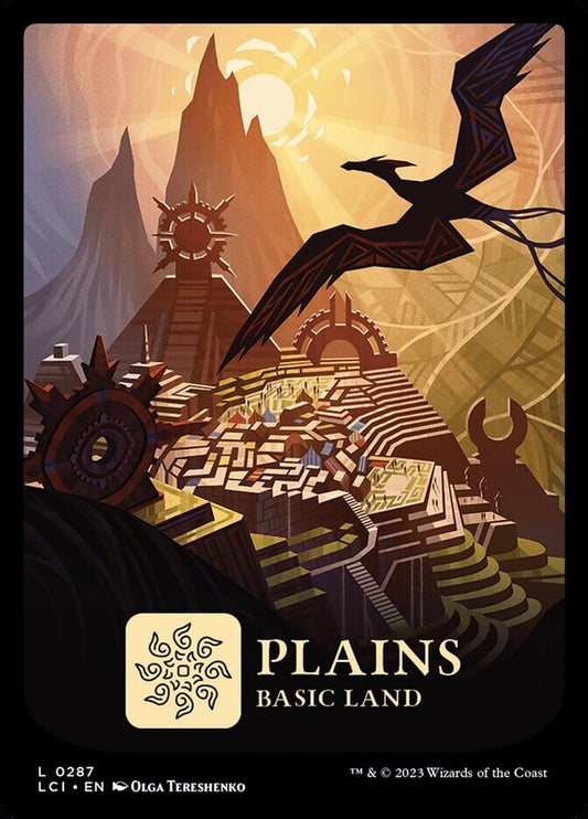Full Art Plains basic land card from LCI, card number 287, taps for white mana
