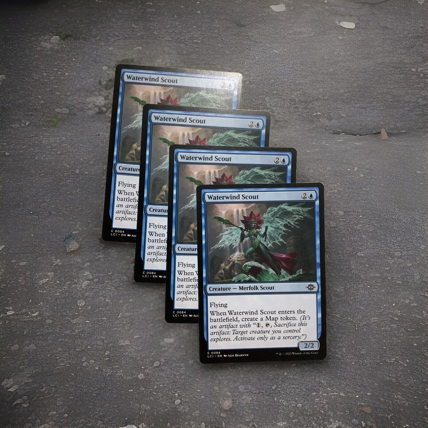 Waterwind Scout LCI 0084 Magic the Gathering Merfolk Scout creature card playset of four.