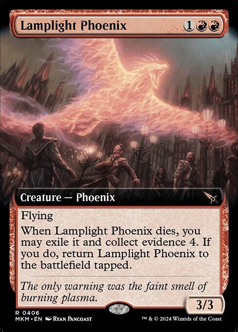 Magic: The Gathering card Lamplight Phoenix, Extended Art, MKM #0406, Rare Creature — Phoenix.
