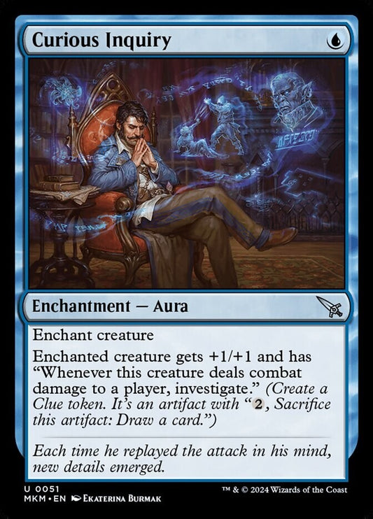 Curious Inquiry foil enchantment aura card from Murders at Karlov Manor MTG