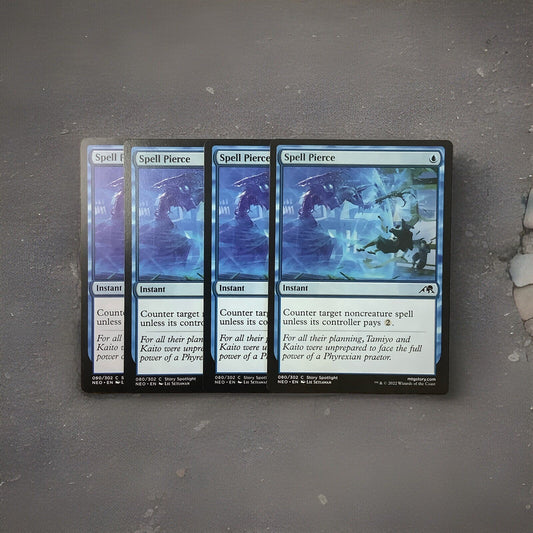 Four Magic the Gathering Spell Pierce instant cards from Kamigawa Neon Dynasty set