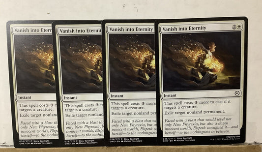 Vanish into Eternity ONE 036 Magic the Gathering white instant exile removal card playset of four.