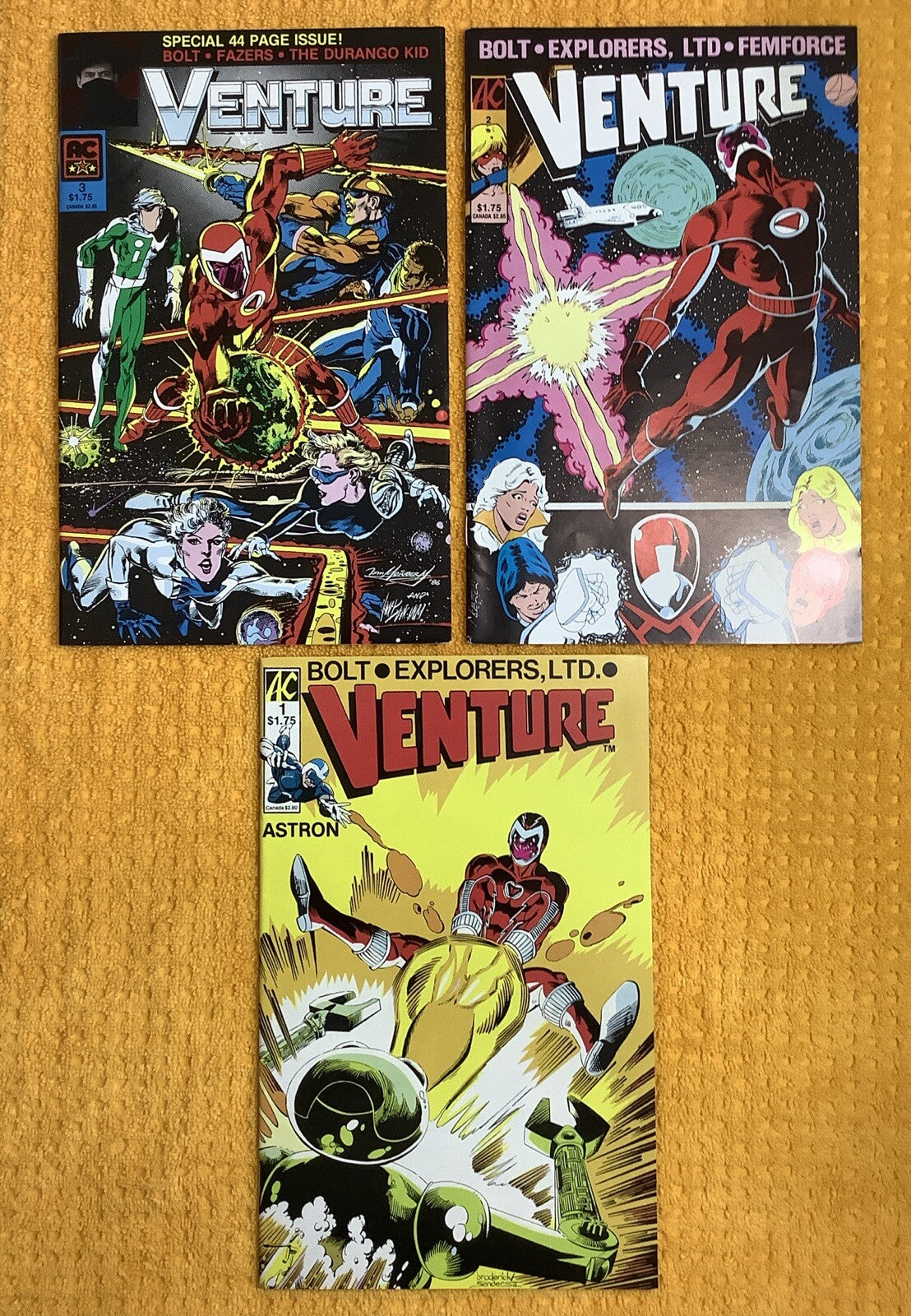 Venture Comics lot of three issues featuring sci-fi superhero characters and space battle cover art