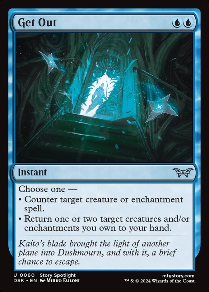 Magic: The Gathering Get Out instant card from Duskmourn House of Horror, blue spell card artwork showing a glowing doorway and escape motif