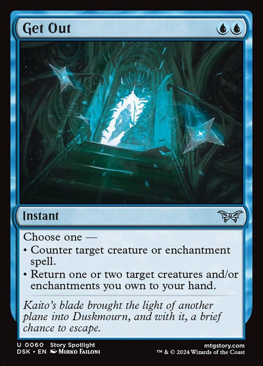 Magic: The Gathering Get Out instant card from Duskmourn House of Horror, blue spell card artwork showing a glowing doorway and escape motif
